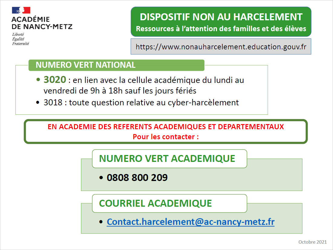 Numéro vert et courriel académique des référents harcèlement